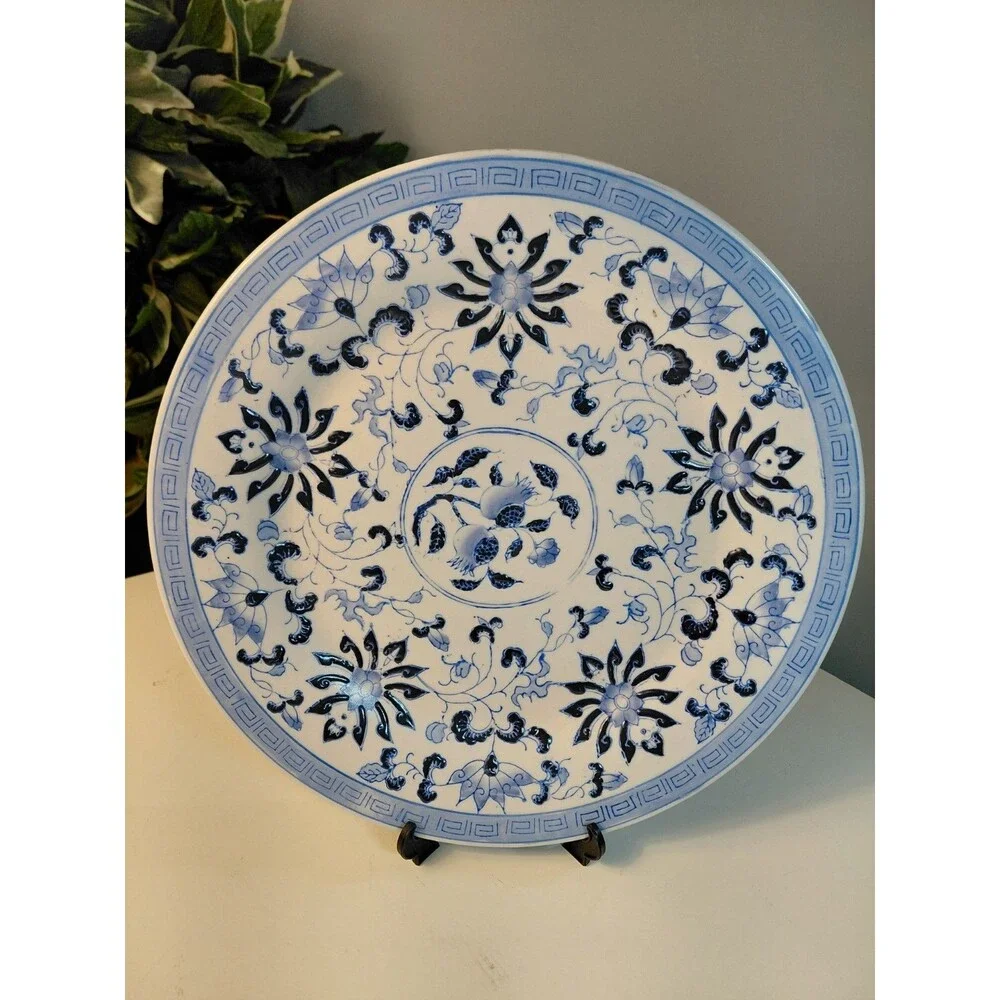 Vintage 1990s Chinese Blue & White Pomegranate Plates (3) Hand Painted